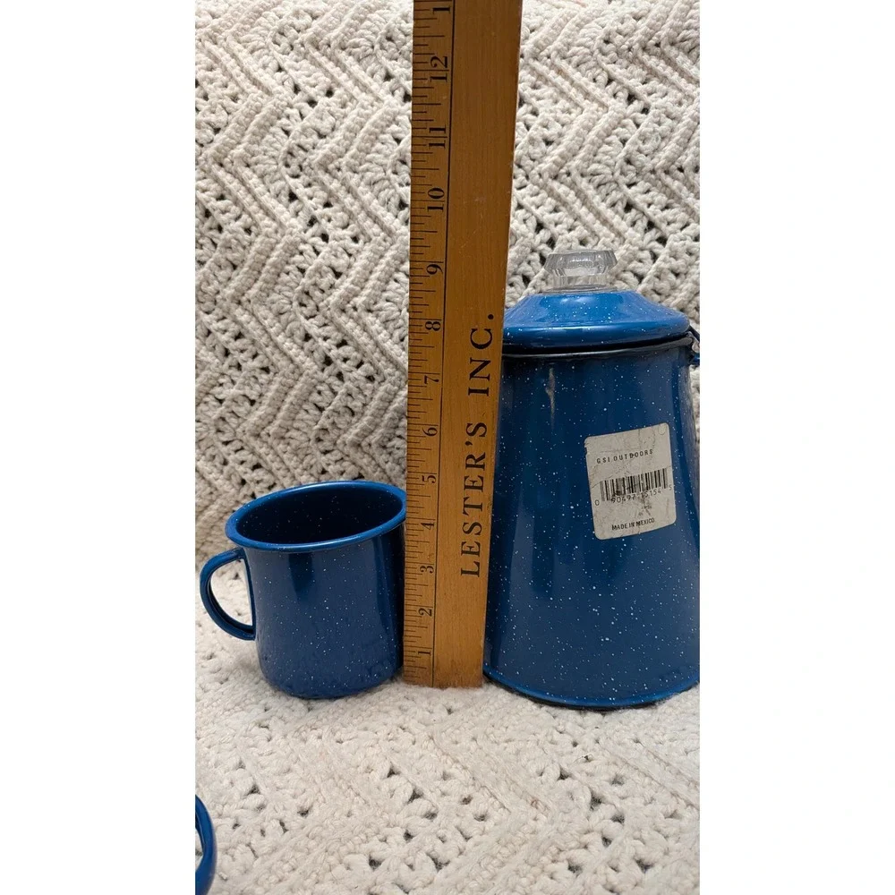 Vintage Blue Speckled Enamelware Coffee Percolator and 2 Mugs Camping Set